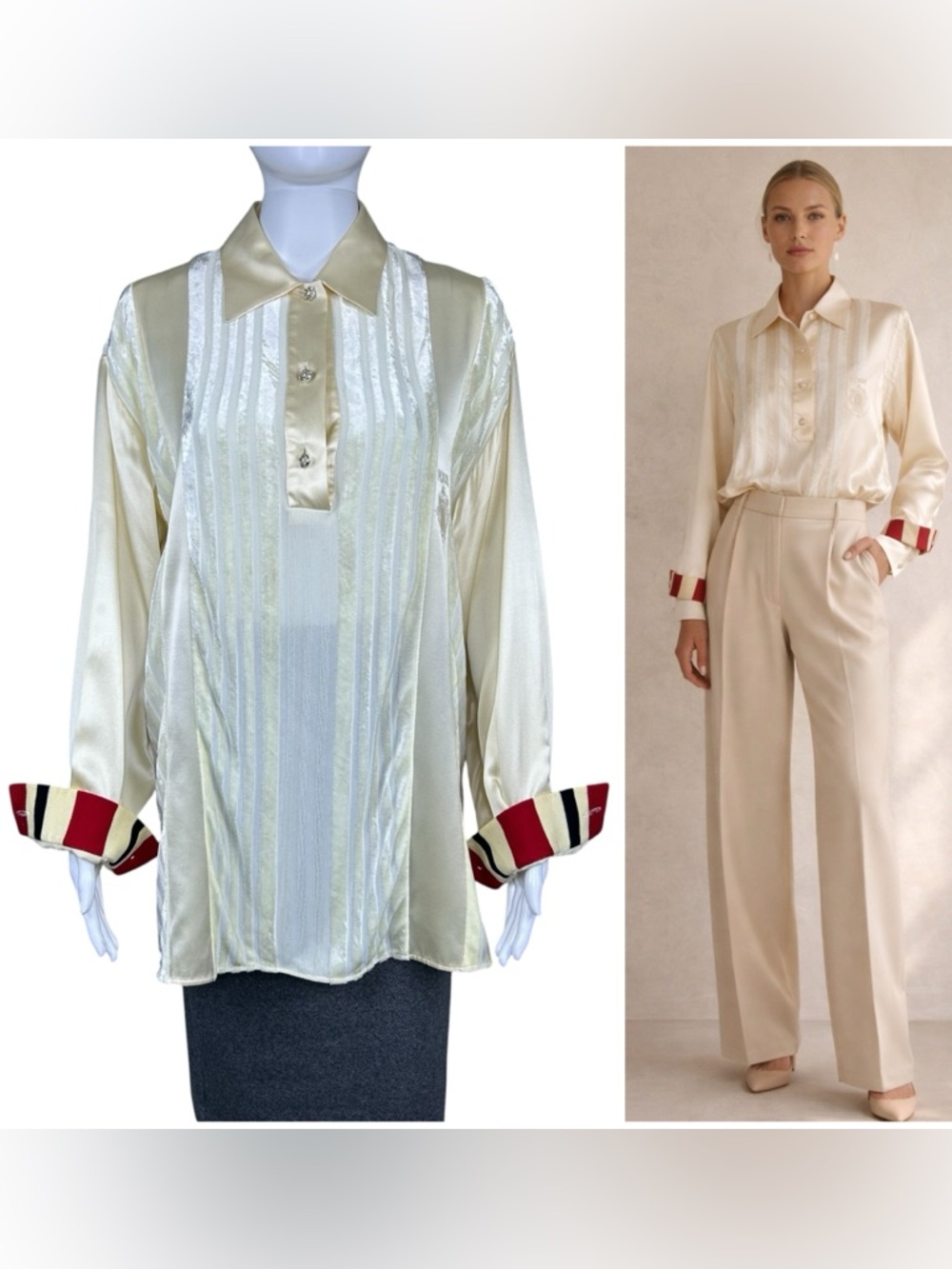Gianfranco Ferre Satin Velvet Striped Blouse Top Size 6 Embroidered Crest Logo